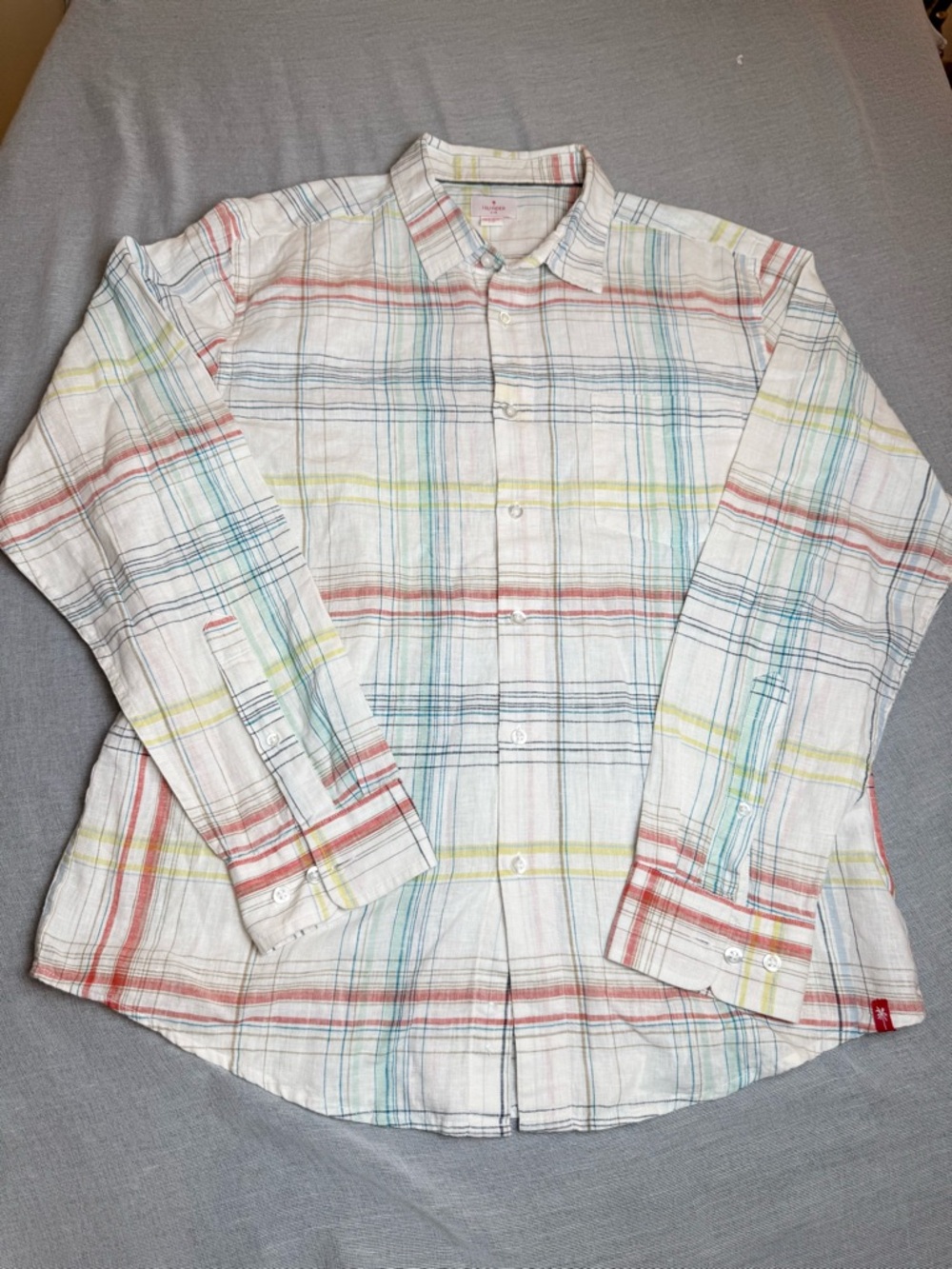 Men's White Plaid Linen & Cotton Blend Button-Down Shirt with Pocket Size L